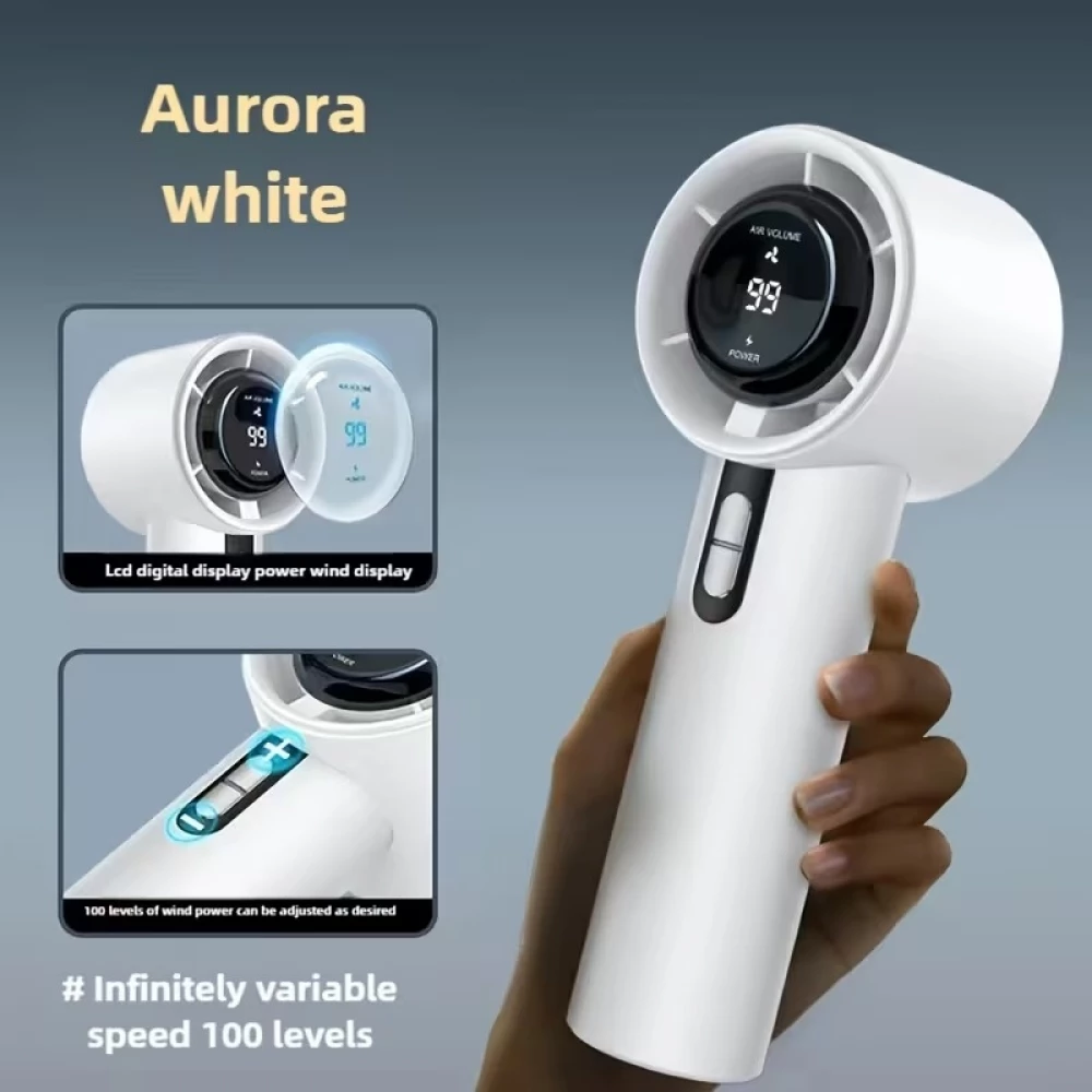 Turbo Taschenventilator mit hoher Geschwindigkeit 100 Geschwindigkeitsstufen tragbar wiederaufladbar 1800 mAh für Reisen Outdoor und Büro - Weiss