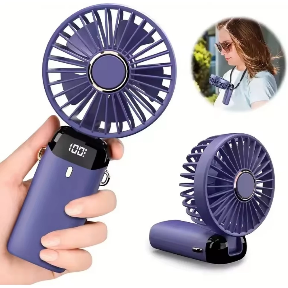 Mini tragbarer wiederaufladbarer LED-Lüfter mit digitalem Display 90° Drehung 5 Geschwindigkeiten leise - Blau