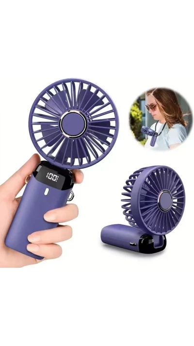 Ventilateur Fan mini portable rechargeable LED avec écran numérique rotation 90° 5 vitesses silencieuses - Bleu