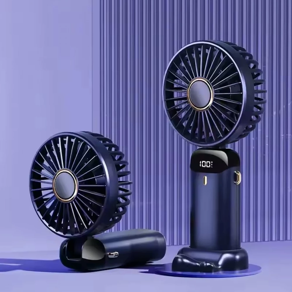 Mini tragbarer wiederaufladbarer LED-Lüfter mit digitalem Display 90° Drehung 5 Geschwindigkeiten leise - Blau