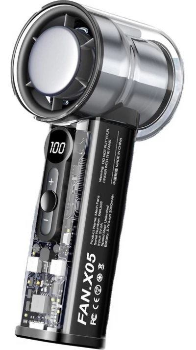 Leistungsstarker tragbarer Ventilator FAN X05 im Taschenformat mit Geschwindigkeitsregelung und schneller Aufladung über USB-C (Kabel inklusive) - Schwarz