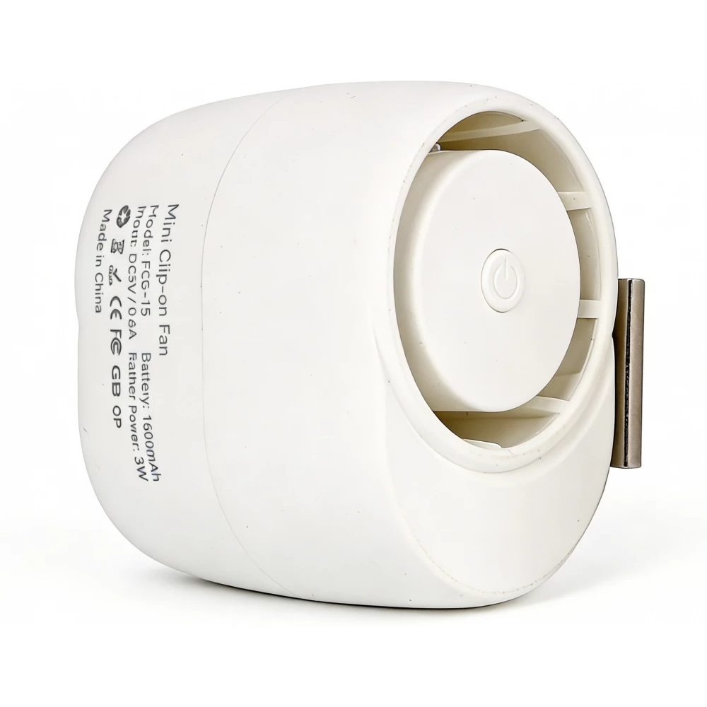 Ventilateur USB Type-C mini &agrave; clip portable rechargeable ultral&eacute;ger silencieux &agrave; porter avec batterie 1600 mAh - Blanc