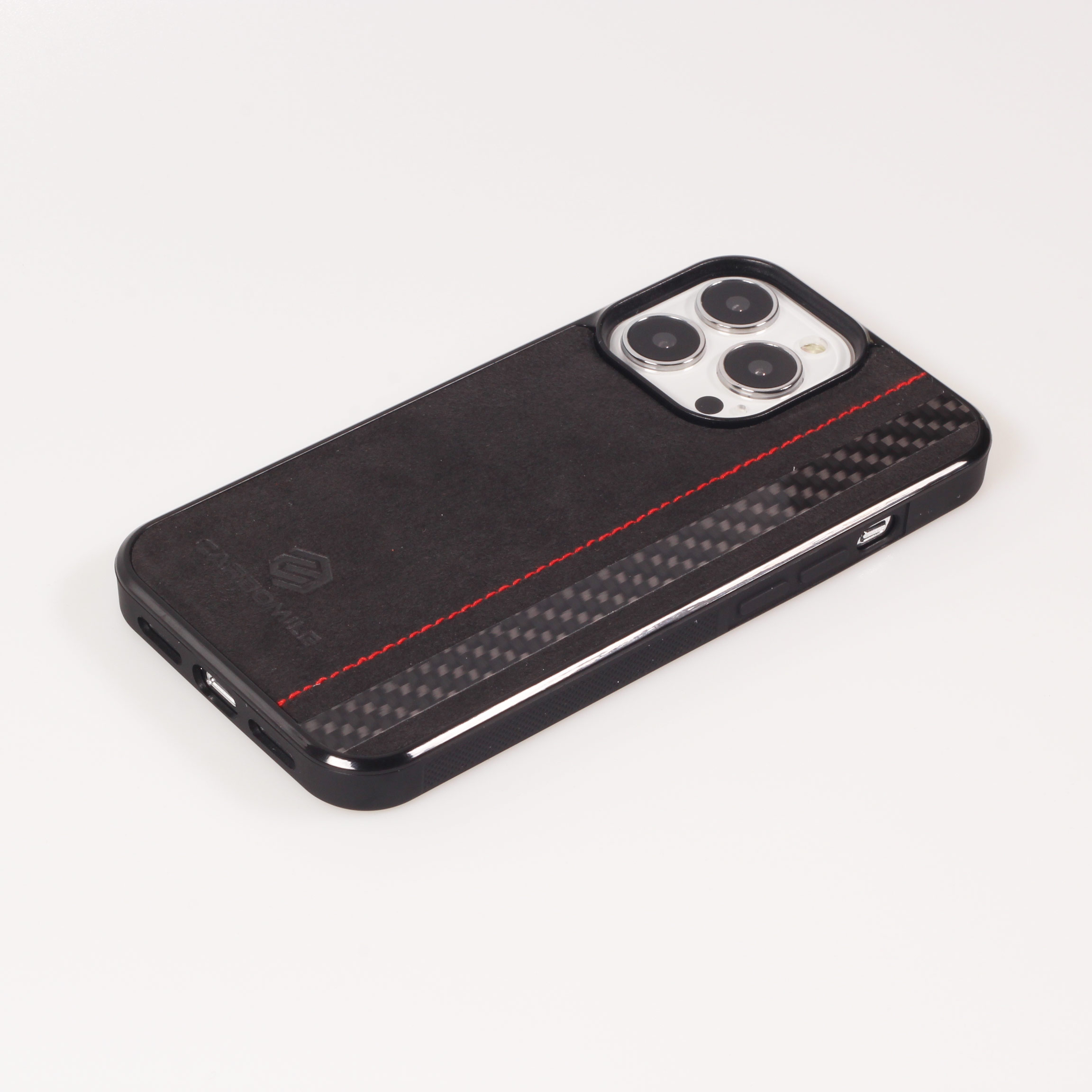 iPhone 14 Pro Case Hülle - Carbomile Alcantara und Carbon mit roten Nähten (MagSafe kompatibel ...