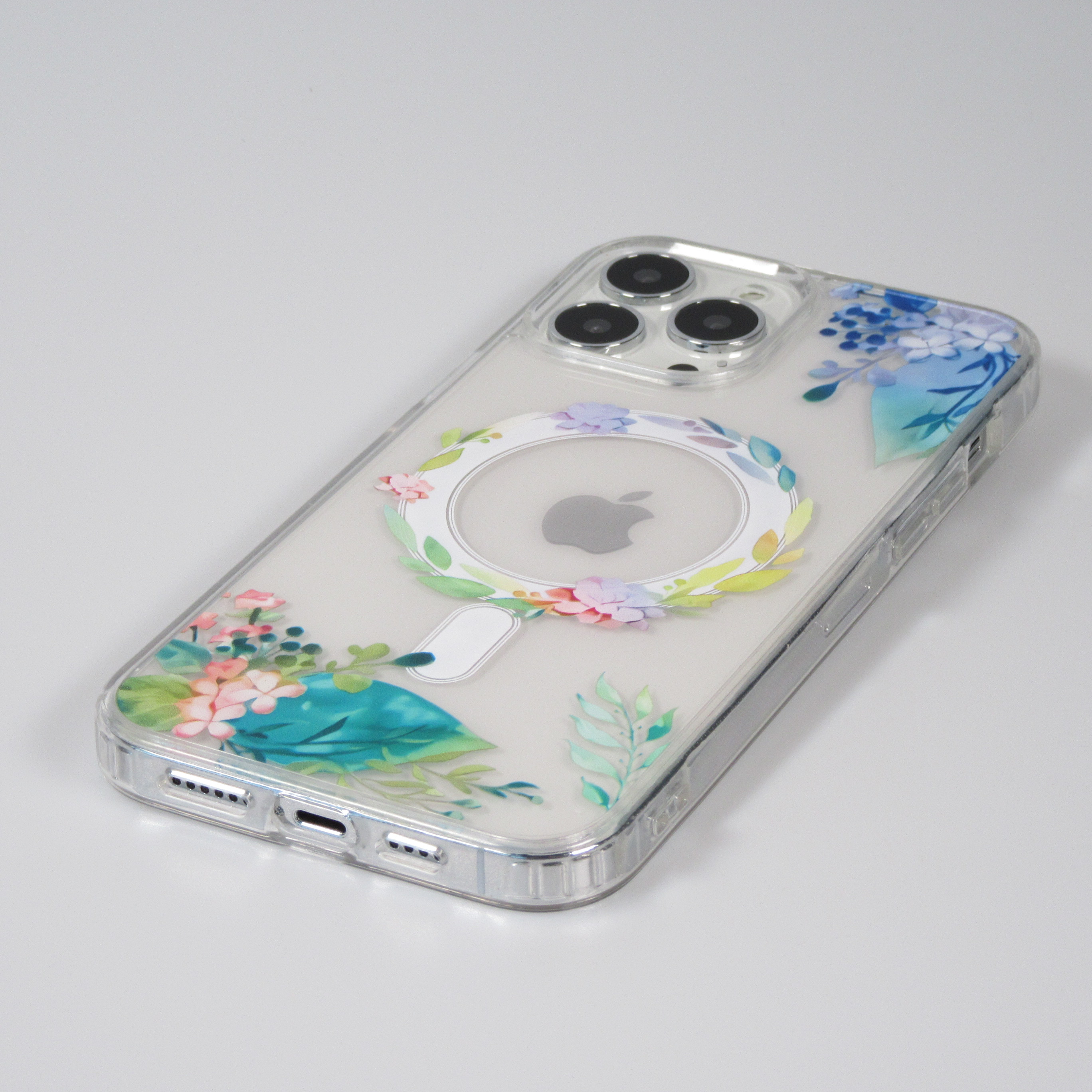 Coque iPhone 13 Pro Gel silicone rigide avec MagSafe fleurs de printemps Transparent