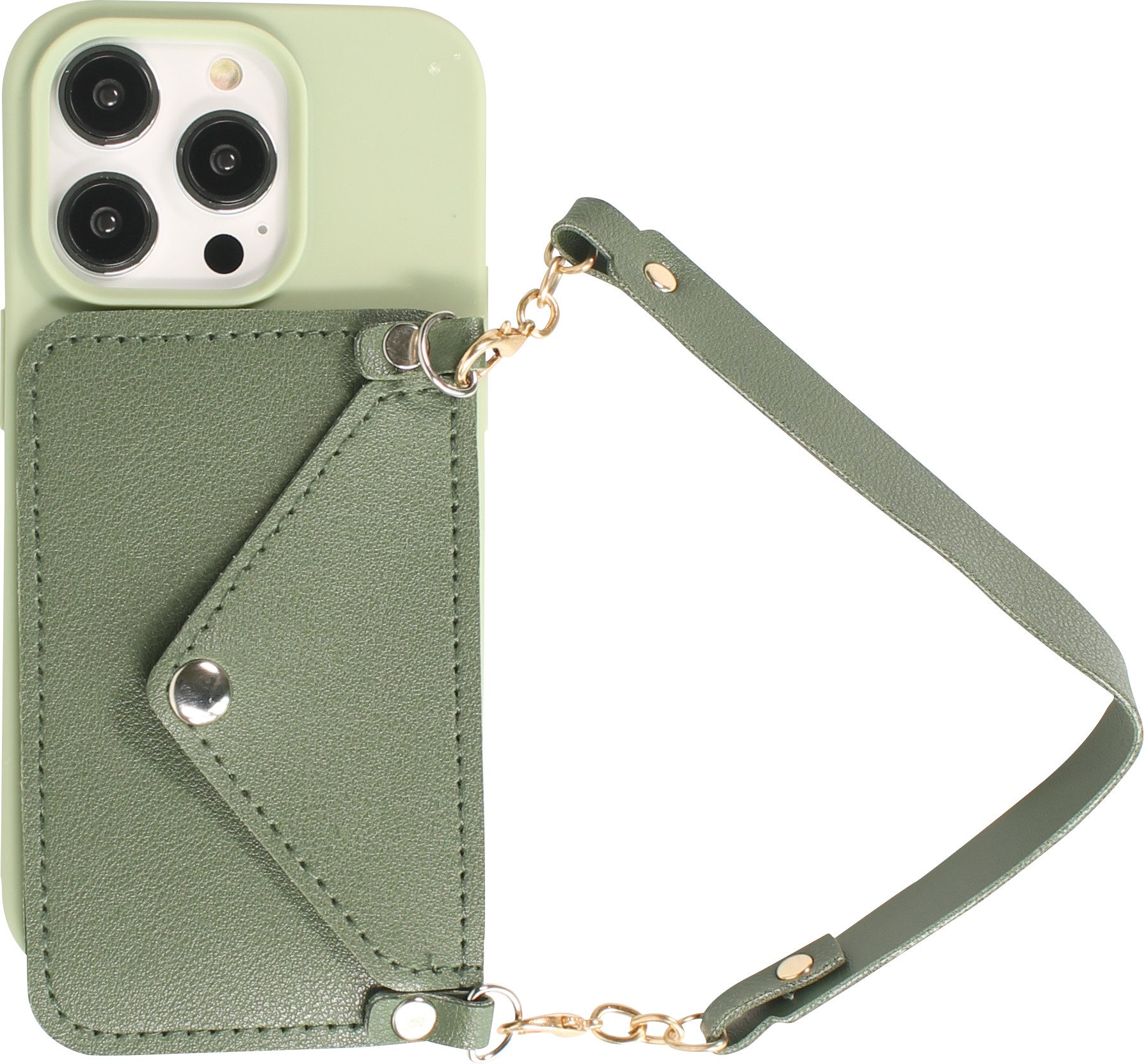 Coque iPhone 14 Pro Max Silicone soft touch avec pochette a cartes ou argent en cuir et laniere integree Vert Acheter sur PhoneLook