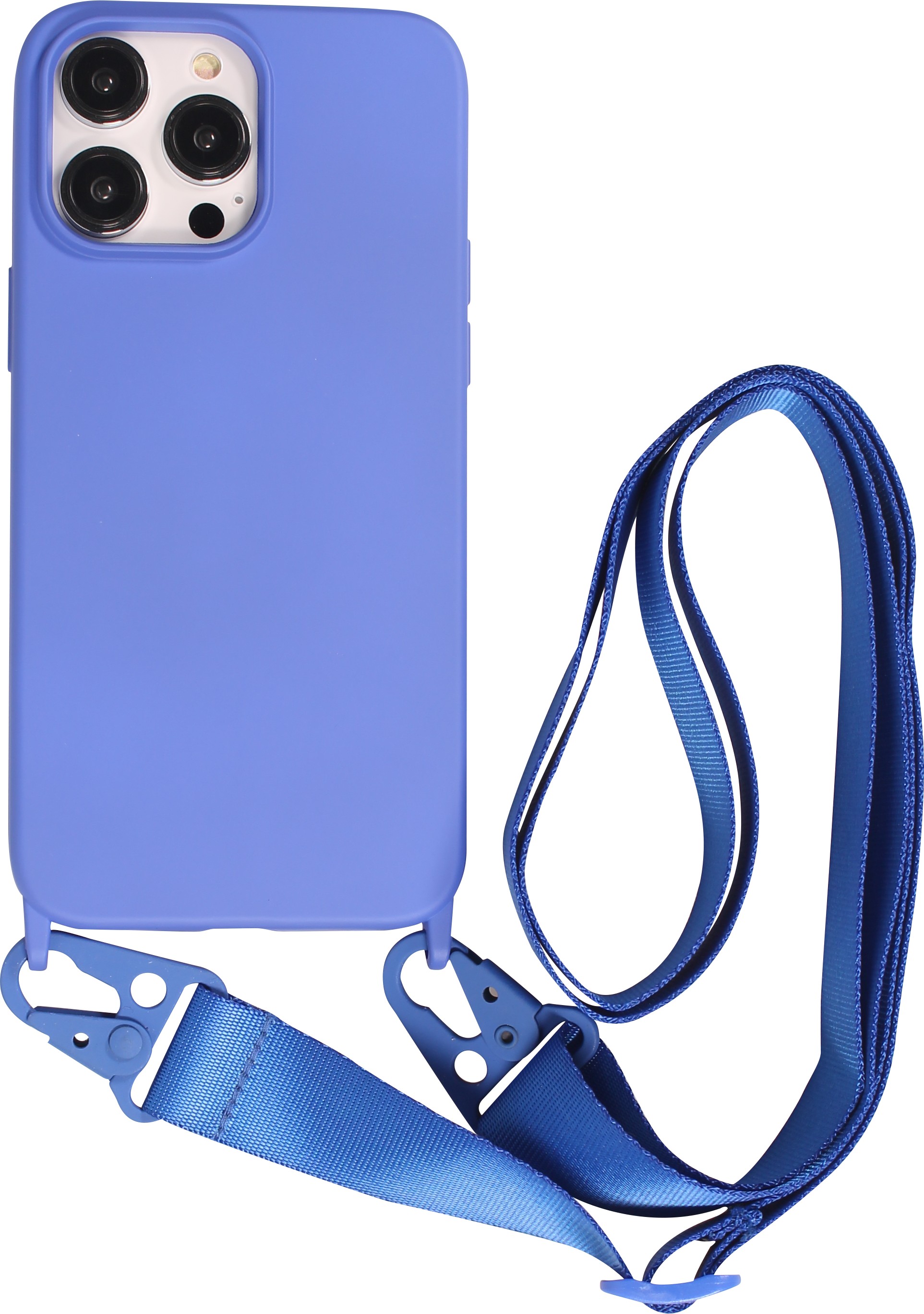 iPhone 14 Pro Max Case Hülle Silikon matt mit Trageschlaufe und Metall Karabiner Blau