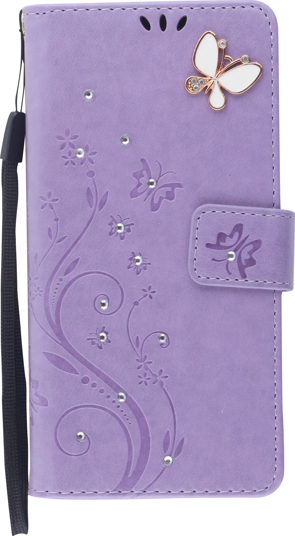 Leder-Hülle Für IPhone 12/12 Pro Mit Schmetterling & Blumen-Motiv – Klappcase Mit Ständer & Kartenfächern (Blau)