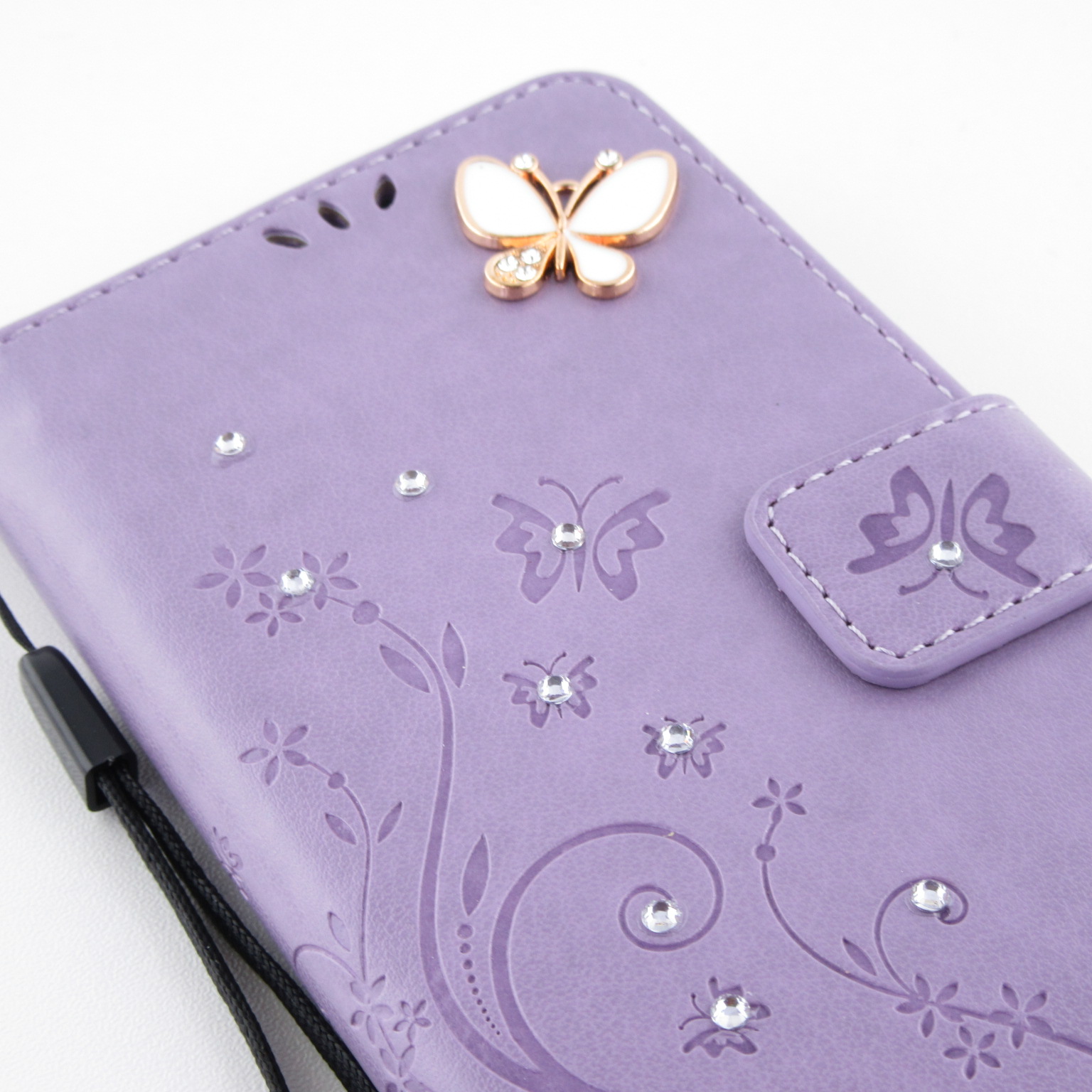 Leder-Hülle Für IPhone 12/12 Pro Mit Schmetterling & Blumen-Motiv – Klappcase Mit Ständer & Kartenfächern (Blau)